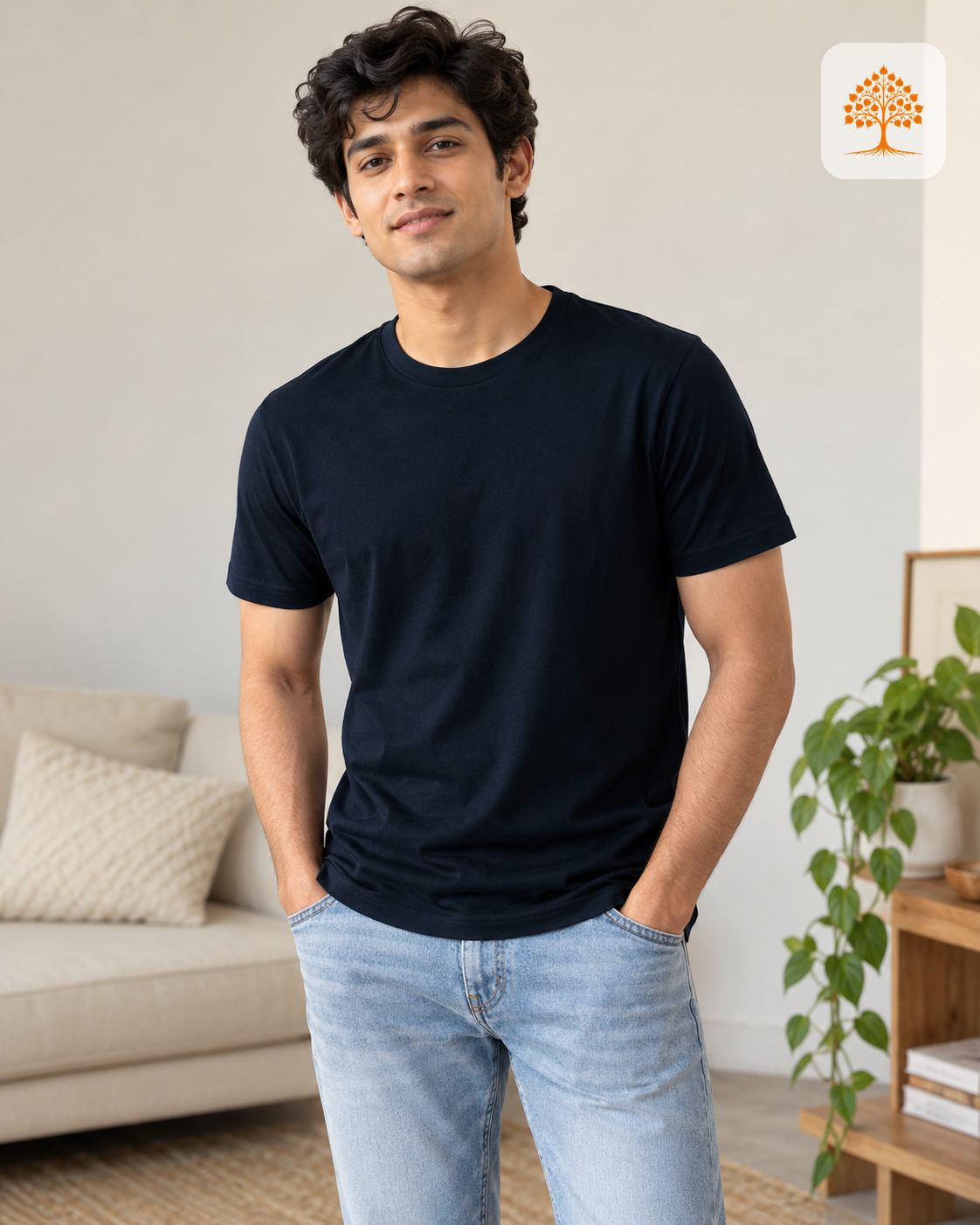 Navy Blue Classic Crew Round Neck T-Shirt Male Model – Indipeepal Plain Cotton Unisex India
