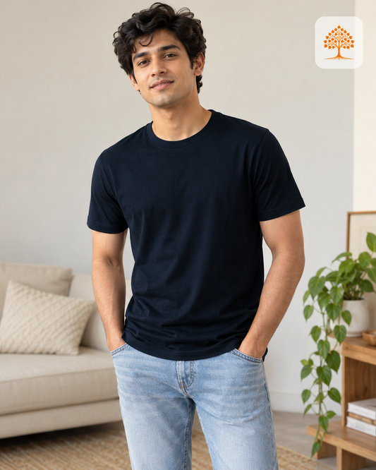 Navy Blue Classic Crew Round Neck T-Shirt Male Model – Indipeepal Plain Cotton Unisex India