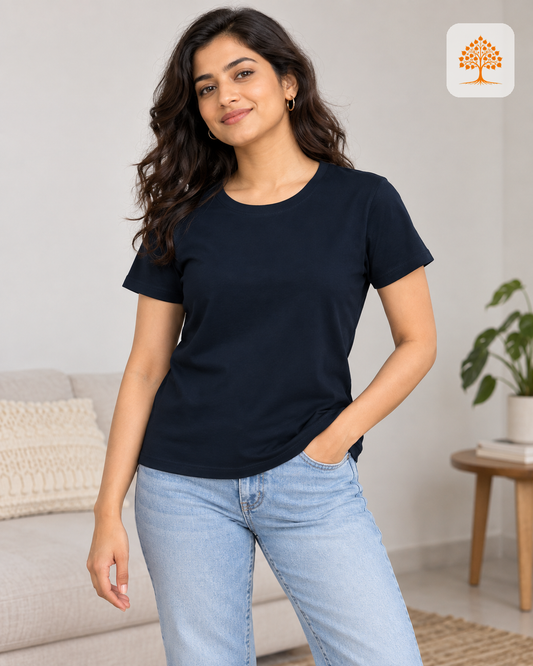 Navy Blue Women's Classic Crew T-Shirt Female Model – Indipeepal 100% Cotton India