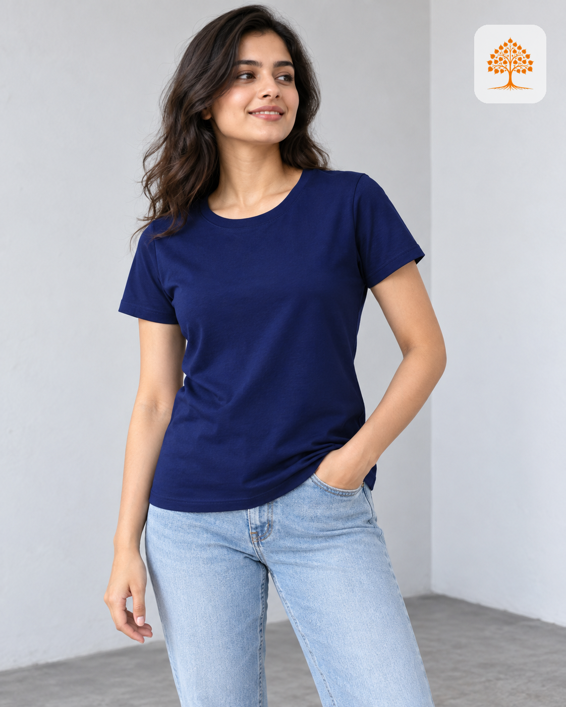 Royal Blue Women's Classic Crew T-Shirt Female Model – Indipeepal 100% Cotton India