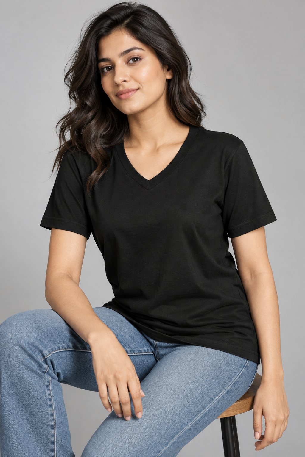 Black V-Neck T-Shirt – Plain Solid | 100% Cotton | Unisex | Indipeepal