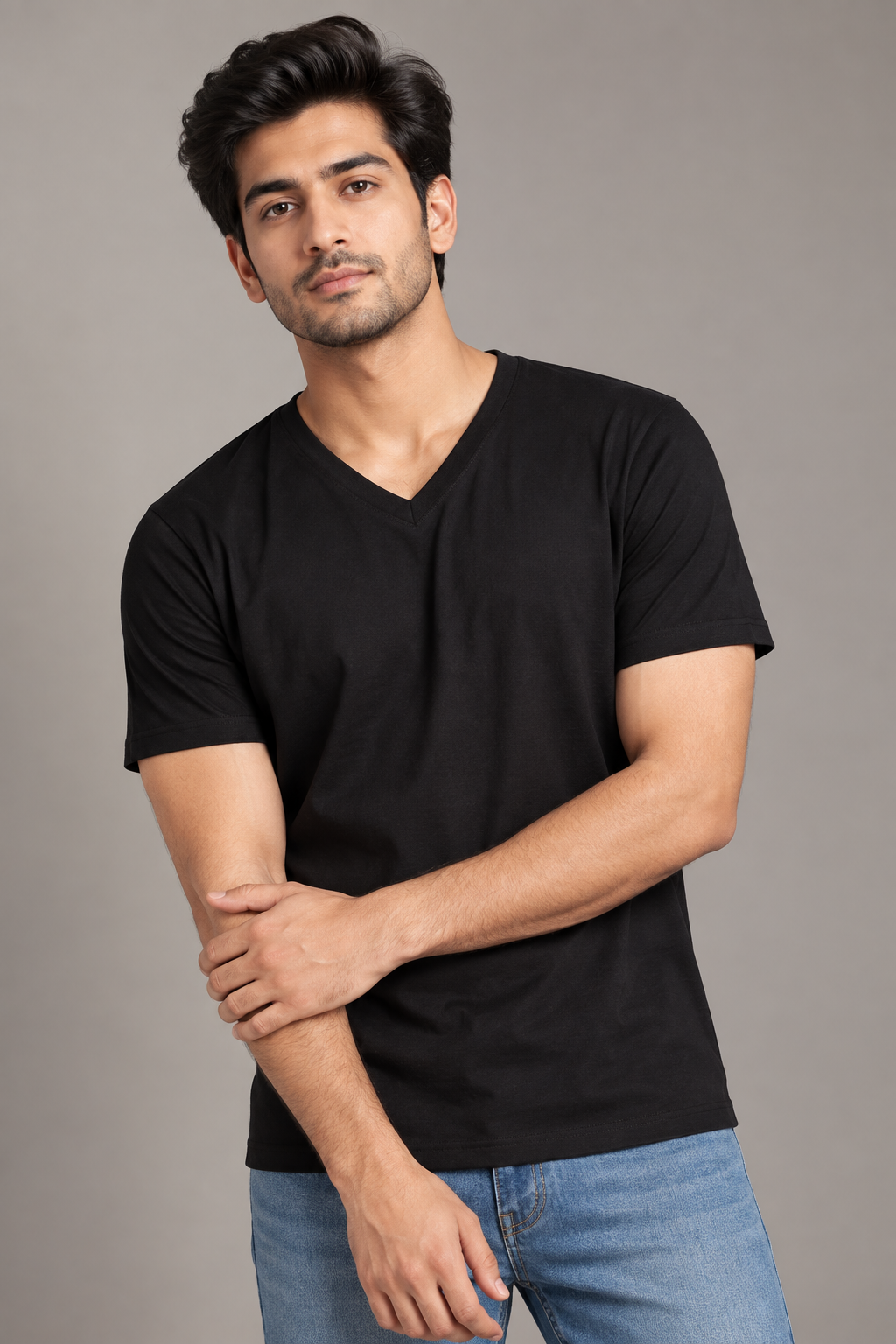 Black V-Neck T-Shirt Male Model – Indipeepal Plain Cotton Unisex Tee India