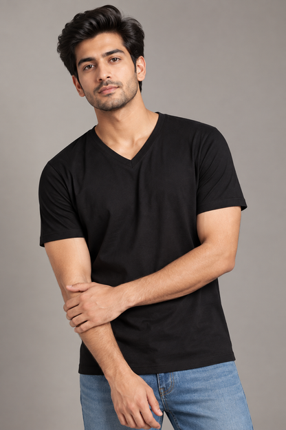 Black V-Neck T-Shirt Male Model – Indipeepal Plain Cotton Unisex Tee India