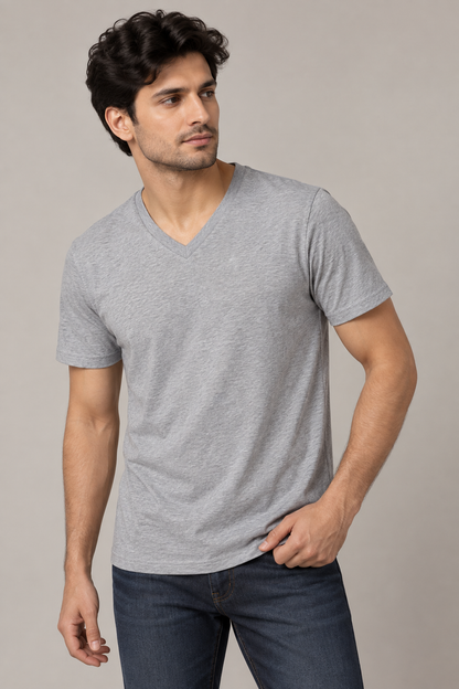 Grey Melange V-Neck T-Shirt Male Model – Indipeepal Plain Cotton Unisex Tee India