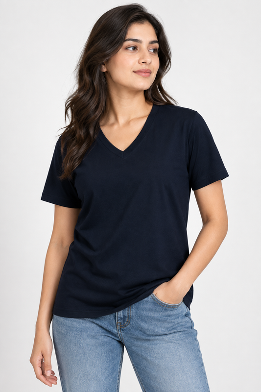 Navy Blue V-Neck T-Shirt – Plain Solid | 100% Cotton | Unisex | Indipeepal