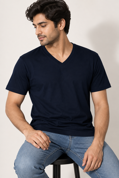 Navy Blue V-Neck T-Shirt – Plain Solid | 100% Cotton | Unisex | Indipeepal