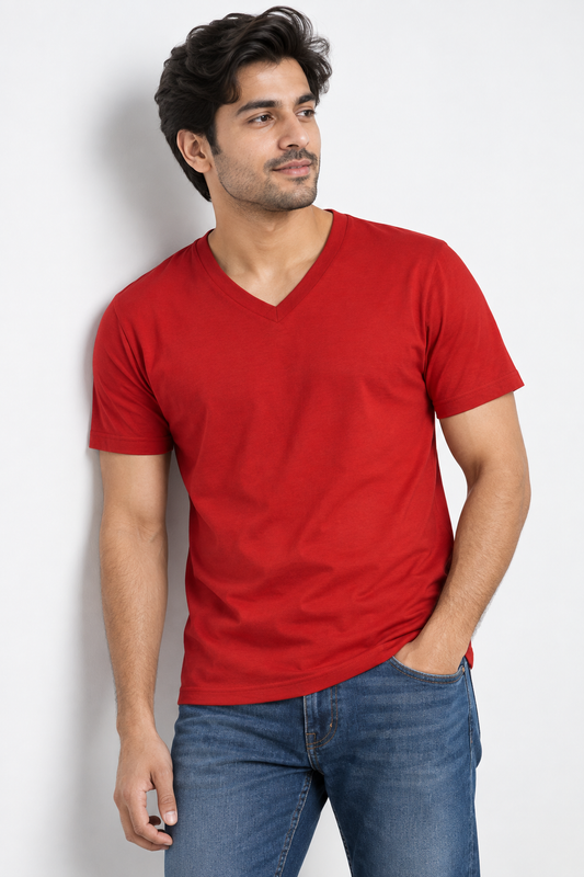 Red V-Neck T-Shirt – Plain Solid | 100% Cotton | Unisex | Indipeepal