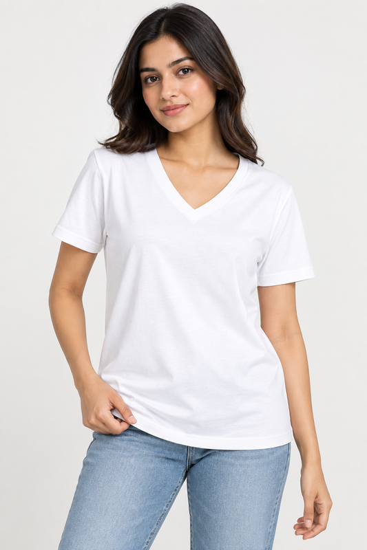 White V-Neck T-Shirt – Plain Solid | 100% Cotton | Unisex | Indipeepal