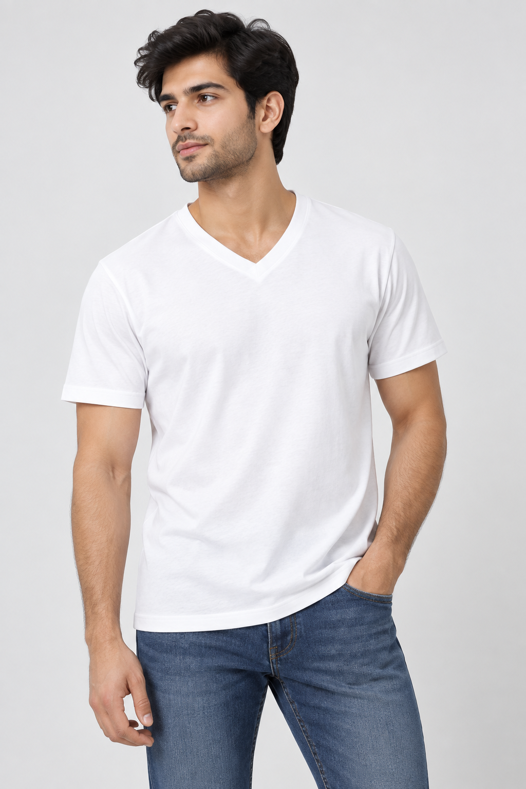 White V-Neck T-Shirt Male Model – Indipeepal Plain Cotton Unisex Tee India