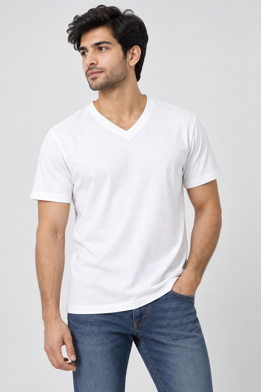White V-Neck T-Shirt Male Model – Indipeepal Plain Cotton Unisex Tee India