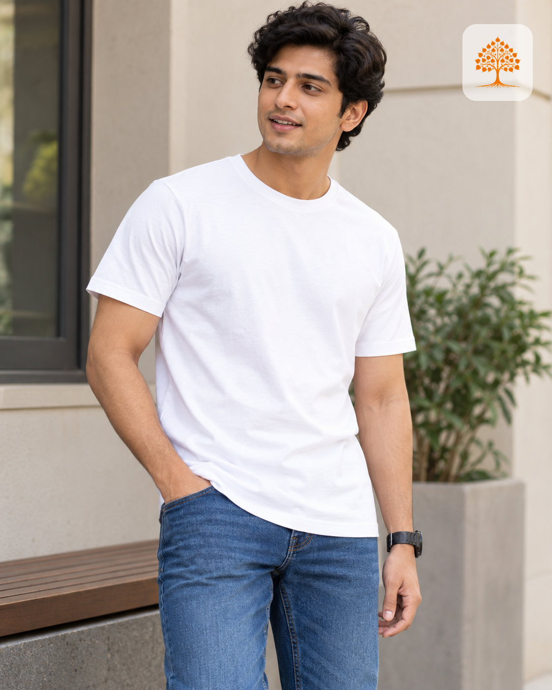 White Classic Crew Round Neck T-Shirt Male Model – Indipeepal Plain Cotton Unisex India