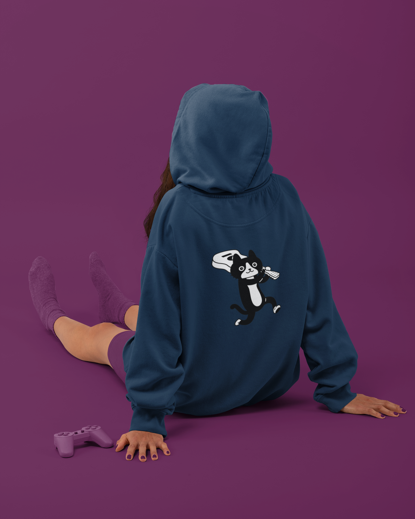Musi-Caty cat with guitar unisex graphic hoodie in navy blue – quirky music lover sweatshirt | Indipeepal